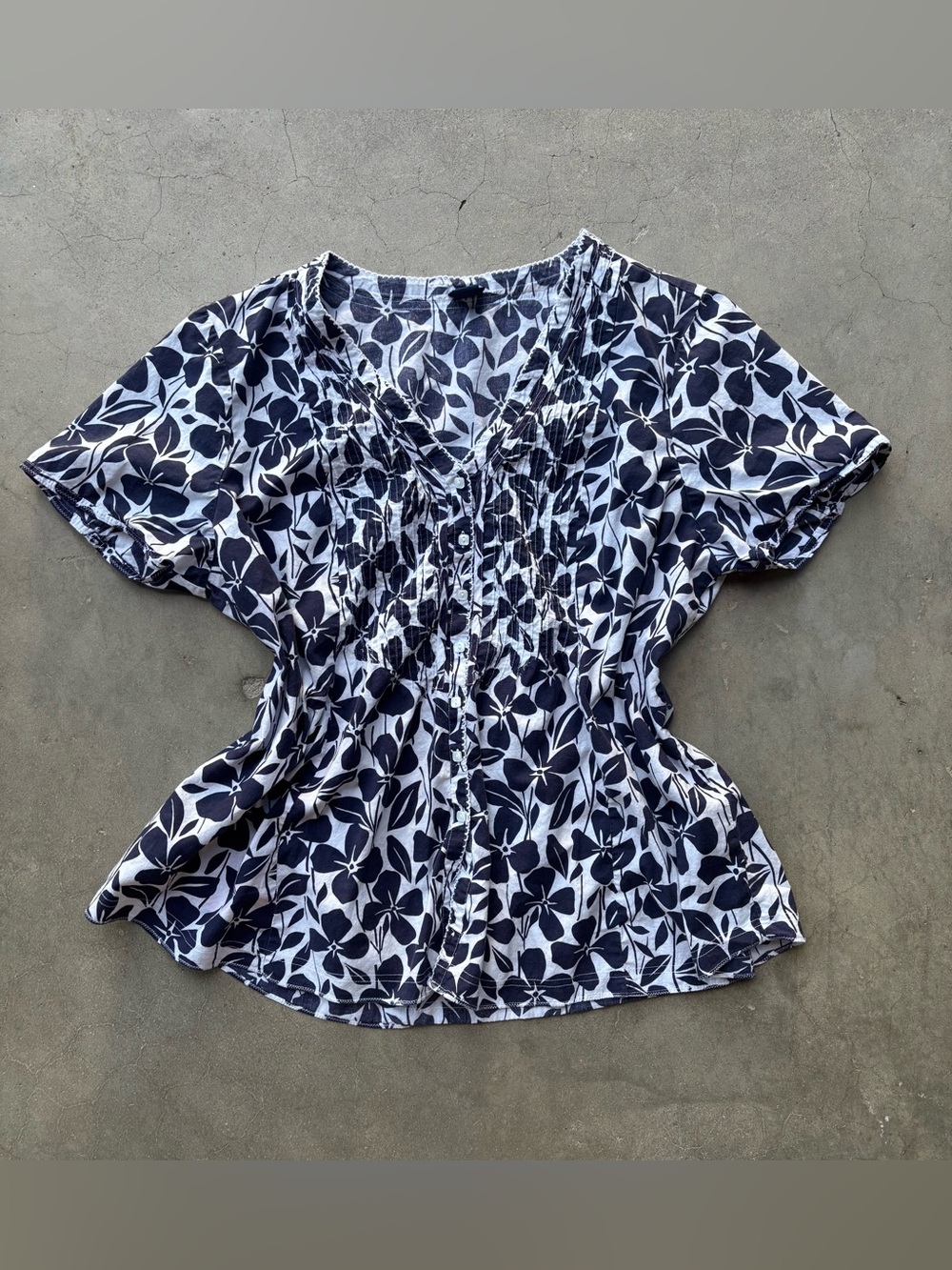 Basic Editions Floral Pintuck Short Sleeve 100% Cotton Blouse 2X Plus Size Navy
